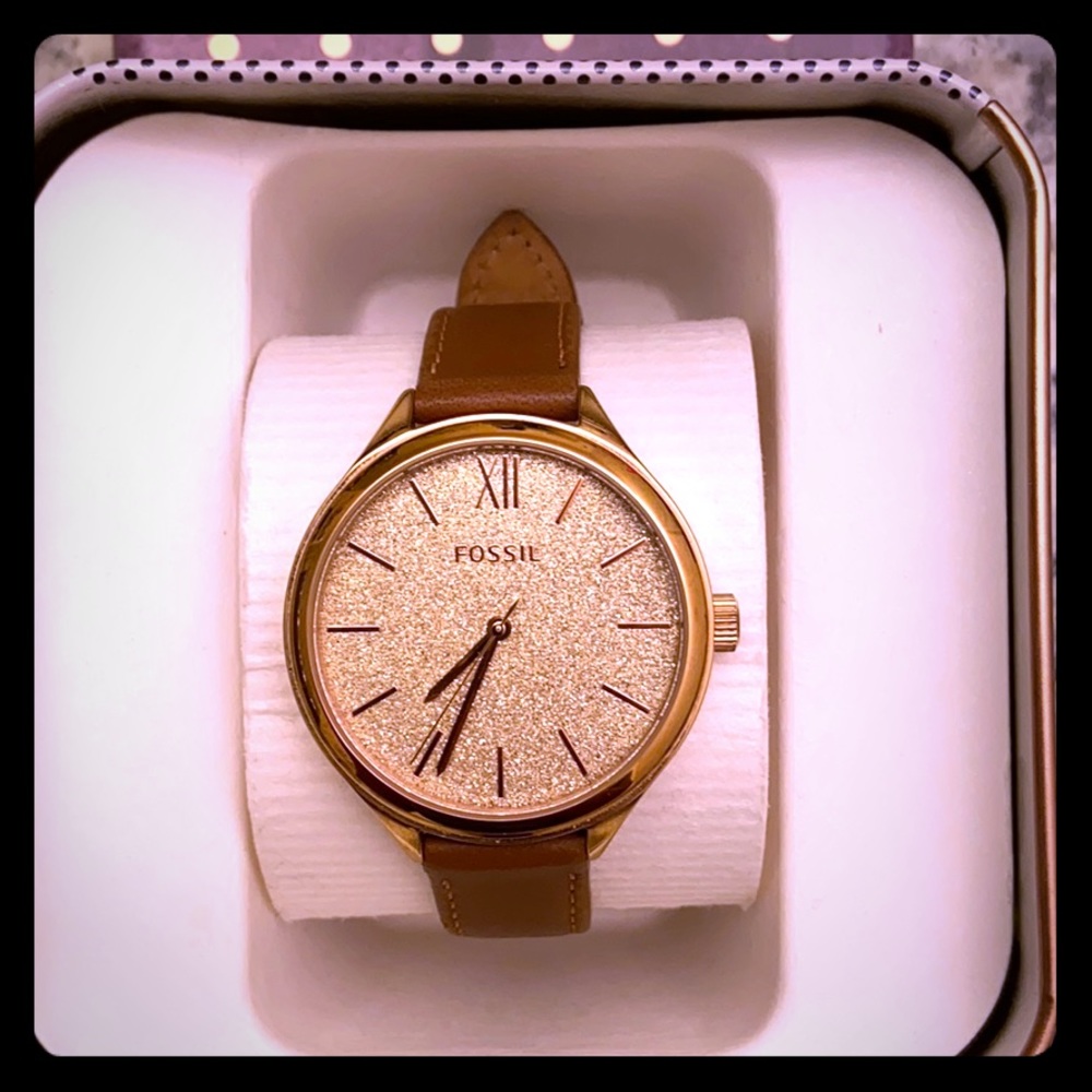 Rose Gold Fossil Watch with Brown Leather Band
